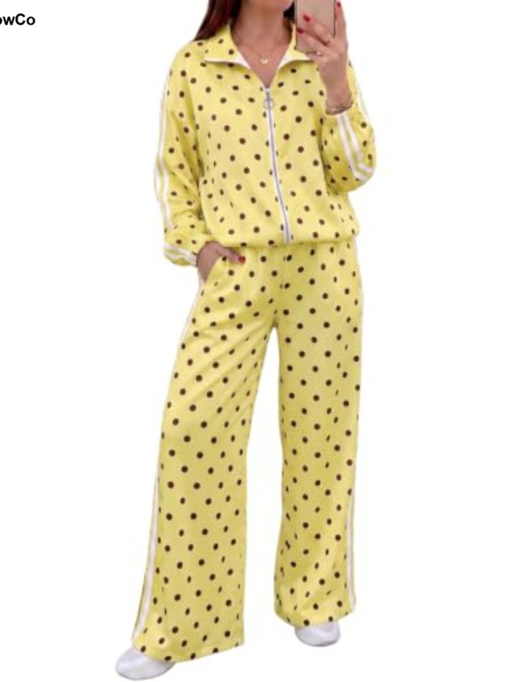Fisoew Womens 2 Piece Zip Up Sweatshirt Pants Set Polka Dot Wide Leg Athletic